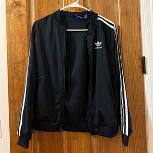 Adidas Black and White Bomber Jacket with Classic Stripes